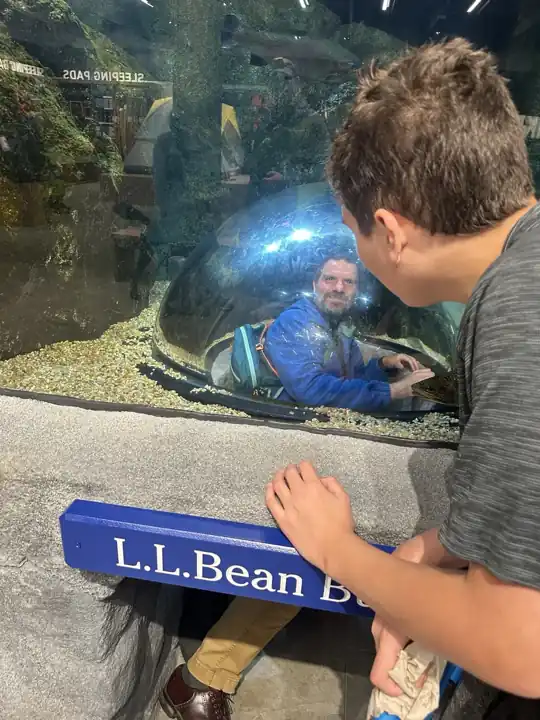 A teenager watching the trout pond at the L.L.Bean flagship in Freeport while a diver works inside.