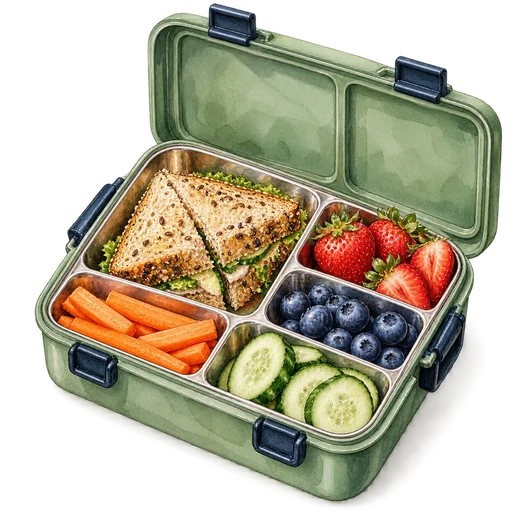 Original watercolor of an open divided lunchbox, a useful product tested through packing, leaks, cleanup and repeat use.