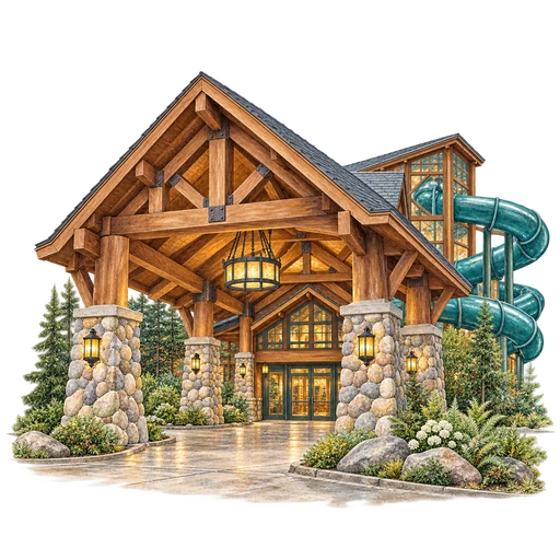 Original watercolor of a timber lodge and water slide, where atmosphere meets the real family logistics of a stay.