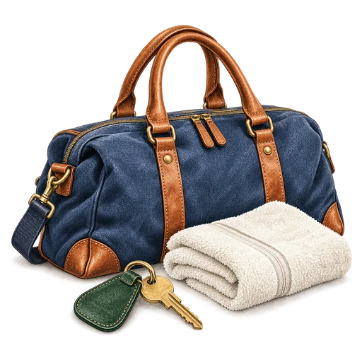 Original watercolor of a weekend bag, hotel towel and key, showing the planning details behind a family stay.
