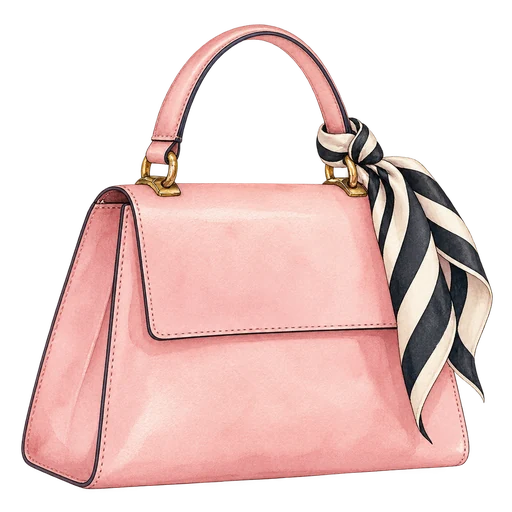 Original watercolor of a blush-pink handbag and striped scarf, showing how personal style can enter an everyday story.