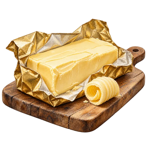 Original watercolor of butter in golden foil, showing how ordinary pantry staples can carry a real family story.
