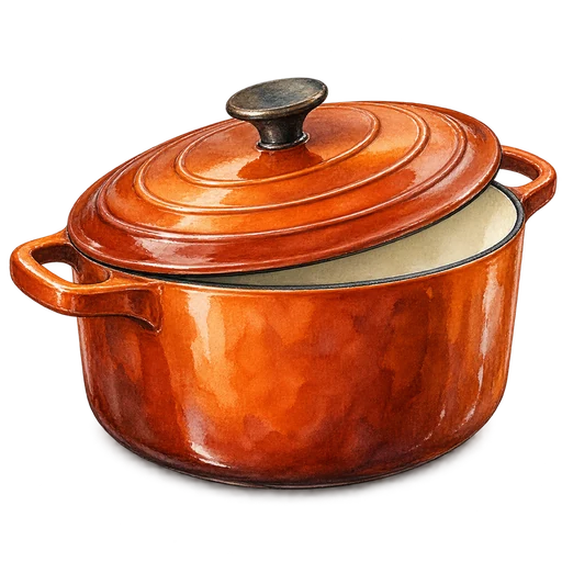 Original watercolor of an enameled Dutch oven, showing how a beautiful object earns its place through cooking and care.