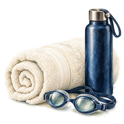 Original watercolor of a towel, water bottle and swimming goggles, the real-world details behind a family outing.