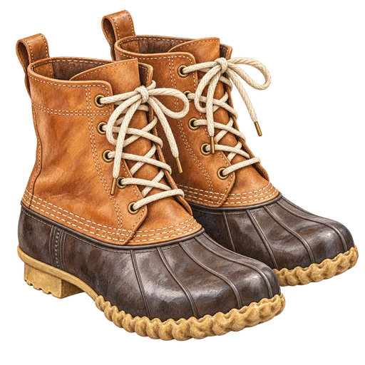 Original watercolor of leather and rubber duck boots, a practical New England layer for repeat family outings.