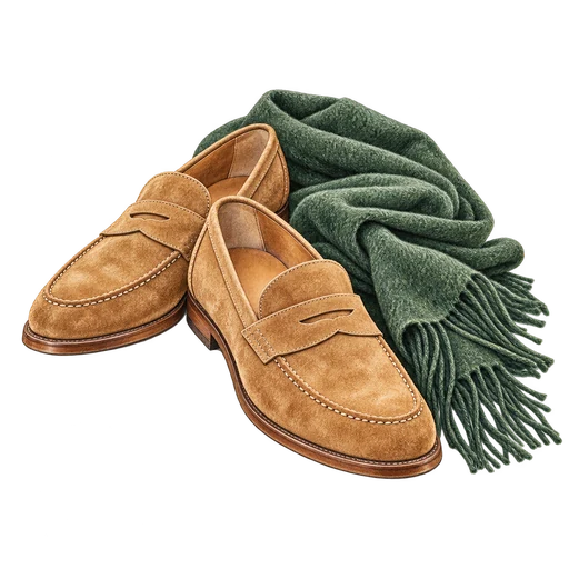 Original watercolor of suede loafers and a cashmere scarf, the kind of classic style explored through real wear.
