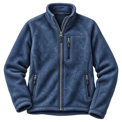 Original watercolor of a navy textured fleece jacket, showing how warmth and durability become useful story details.