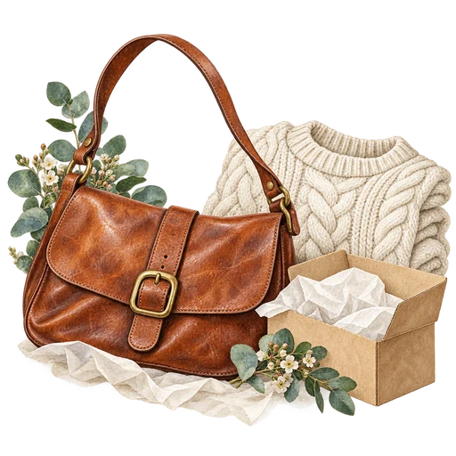 Original watercolor of a handbag, sweater and parcel, showing secondhand style through condition, fit and value.