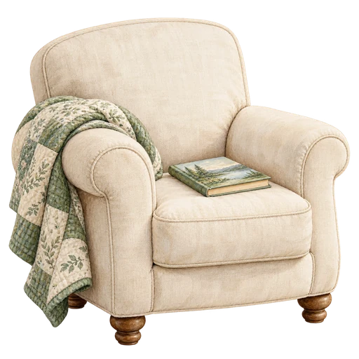 Original watercolor of a reading chair, quilt and book, showing the lived-in home context behind a product story.