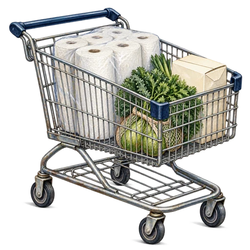 Original watercolor of a cart of household provisions, showing the value and logistics behind everyday buying.