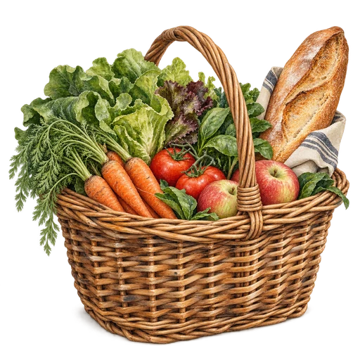 Original watercolor of a basket of fresh groceries, showing the everyday food routines behind family-life stories.