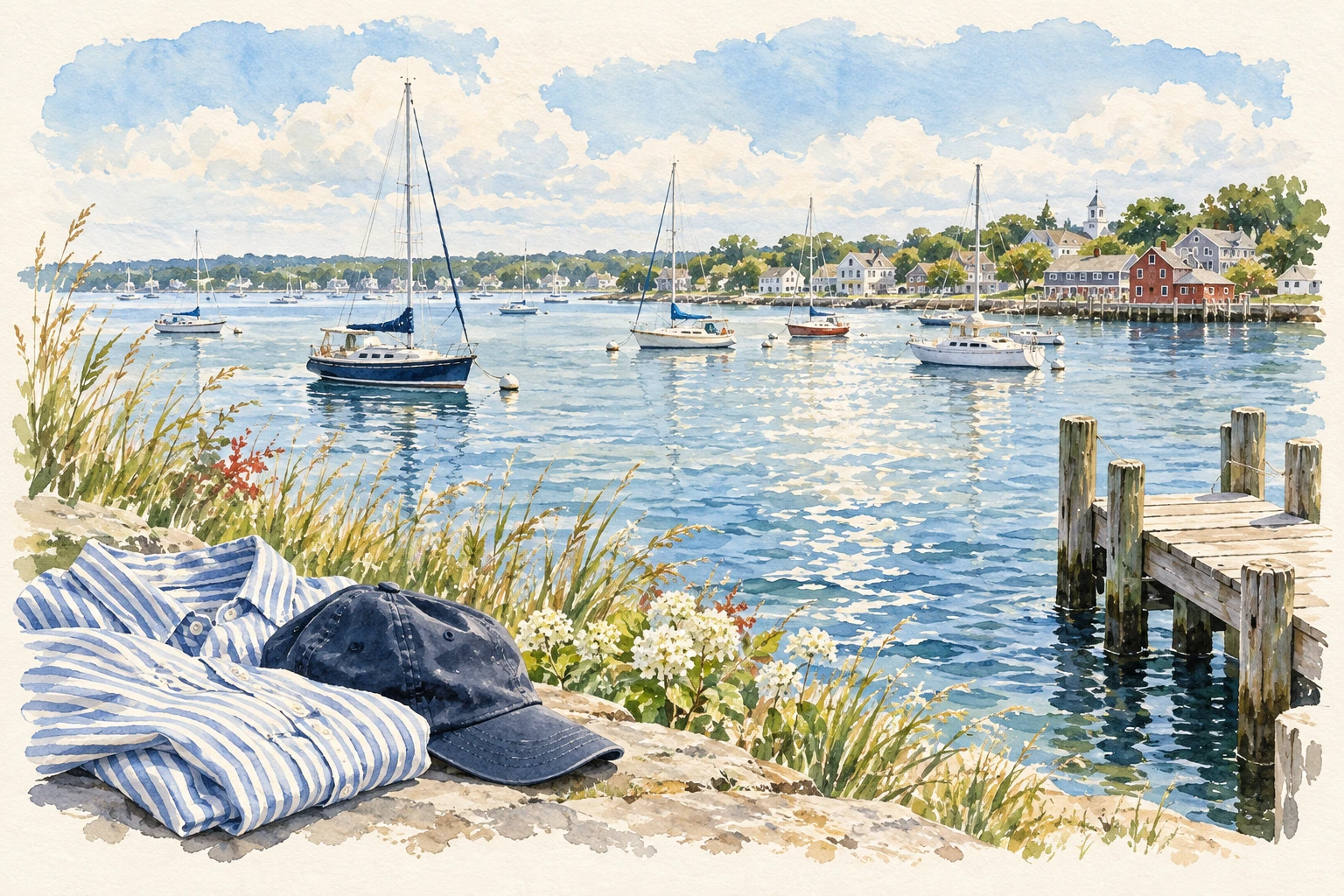Watercolor of a New England harbor with sailboats, a wooden dock, a blue striped shirt and a navy cap.