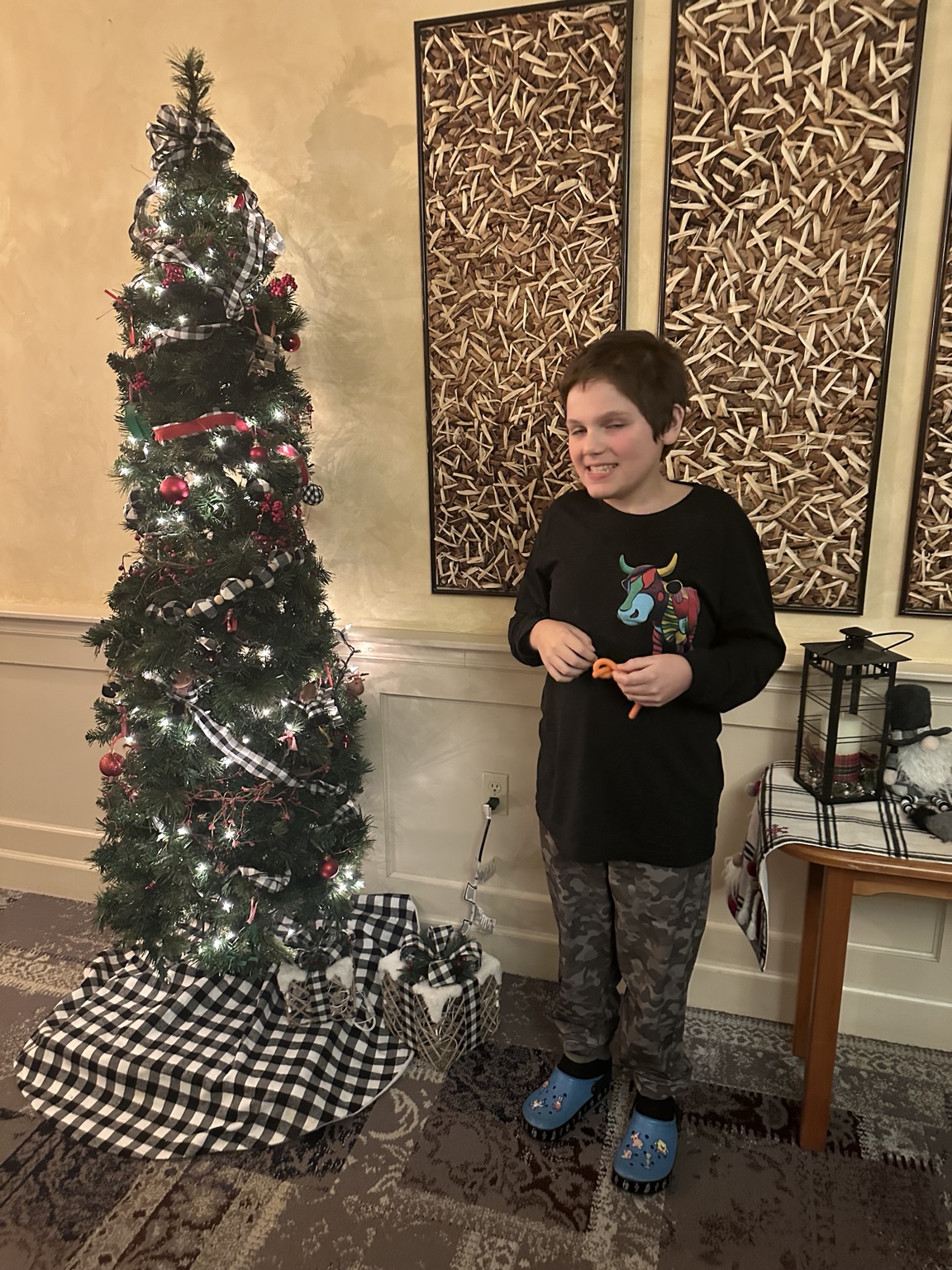 James smiling beside a lit Christmas tree decorated with black-and-white checked ribbon and red ornaments.