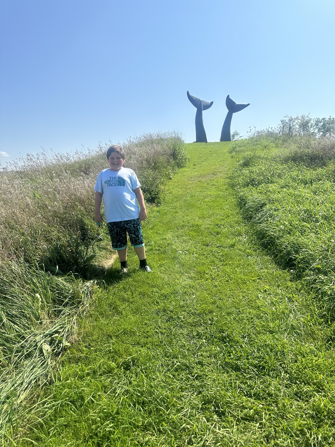 James smiling on a grassy uphill path, with tall meadow grasses on both sides and the two whale-tail sculptures against a blue sky.