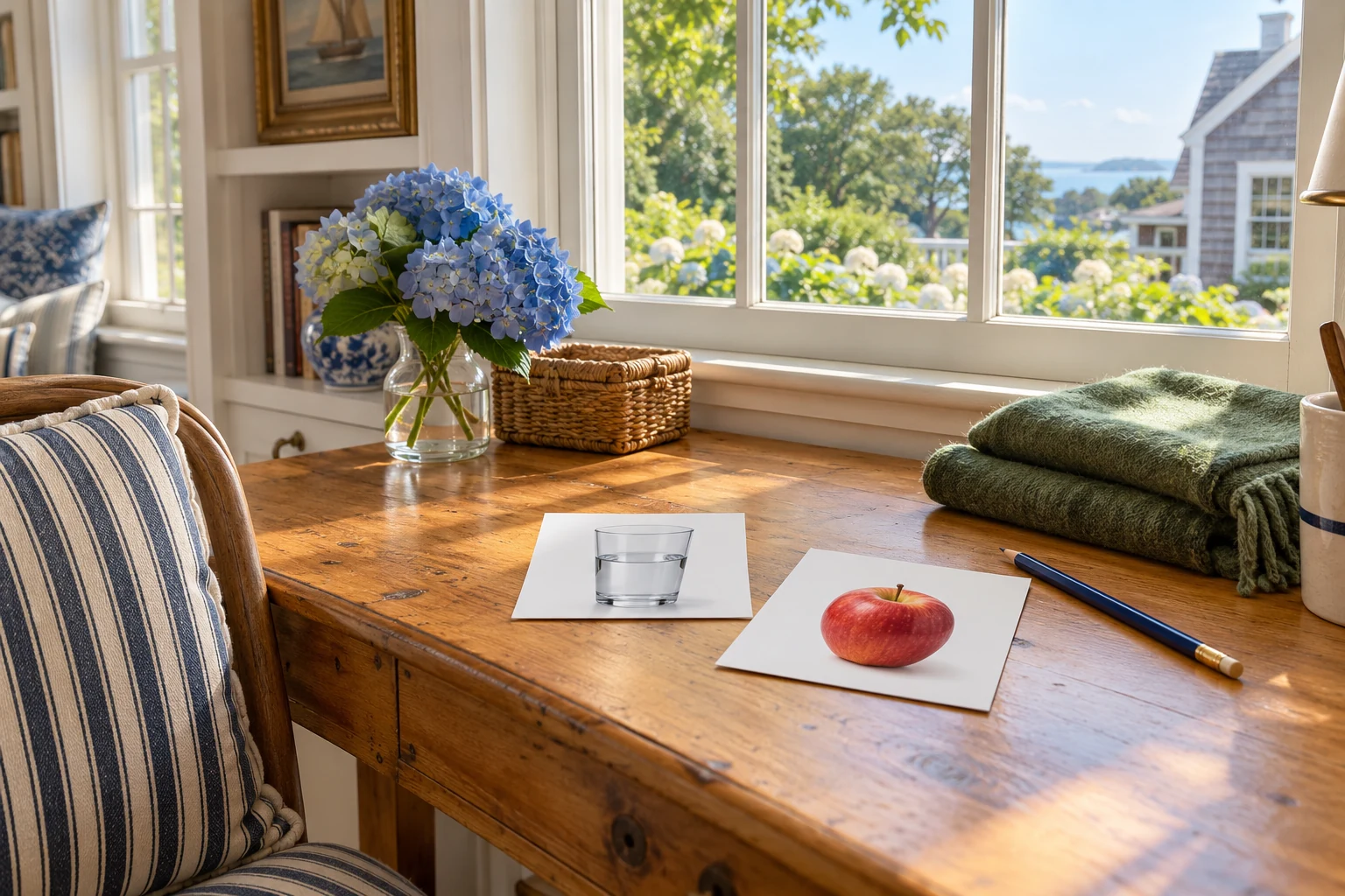 A sunlit New England desk with picture cards, blue hydrangeas and navy ticking stripes.