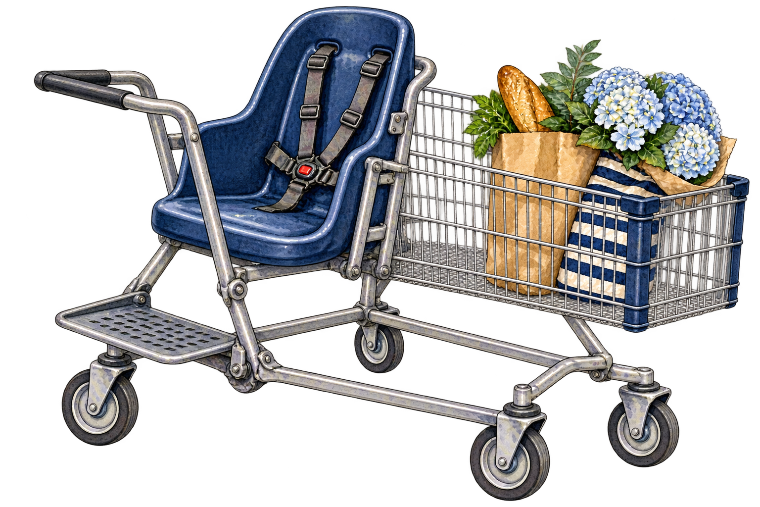 Original ink-and-watercolor illustration of a navy accessible shopping cart with hydrangeas and groceries.