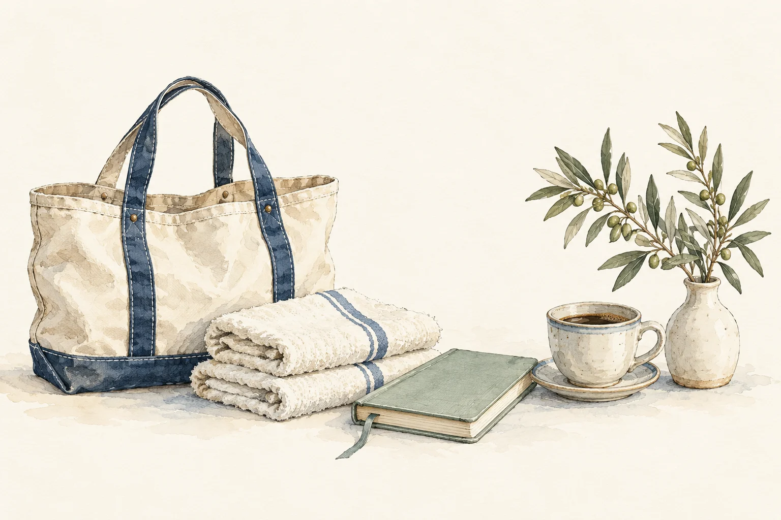 Watercolor still life of useful everyday things arranged like a welcoming field guide.