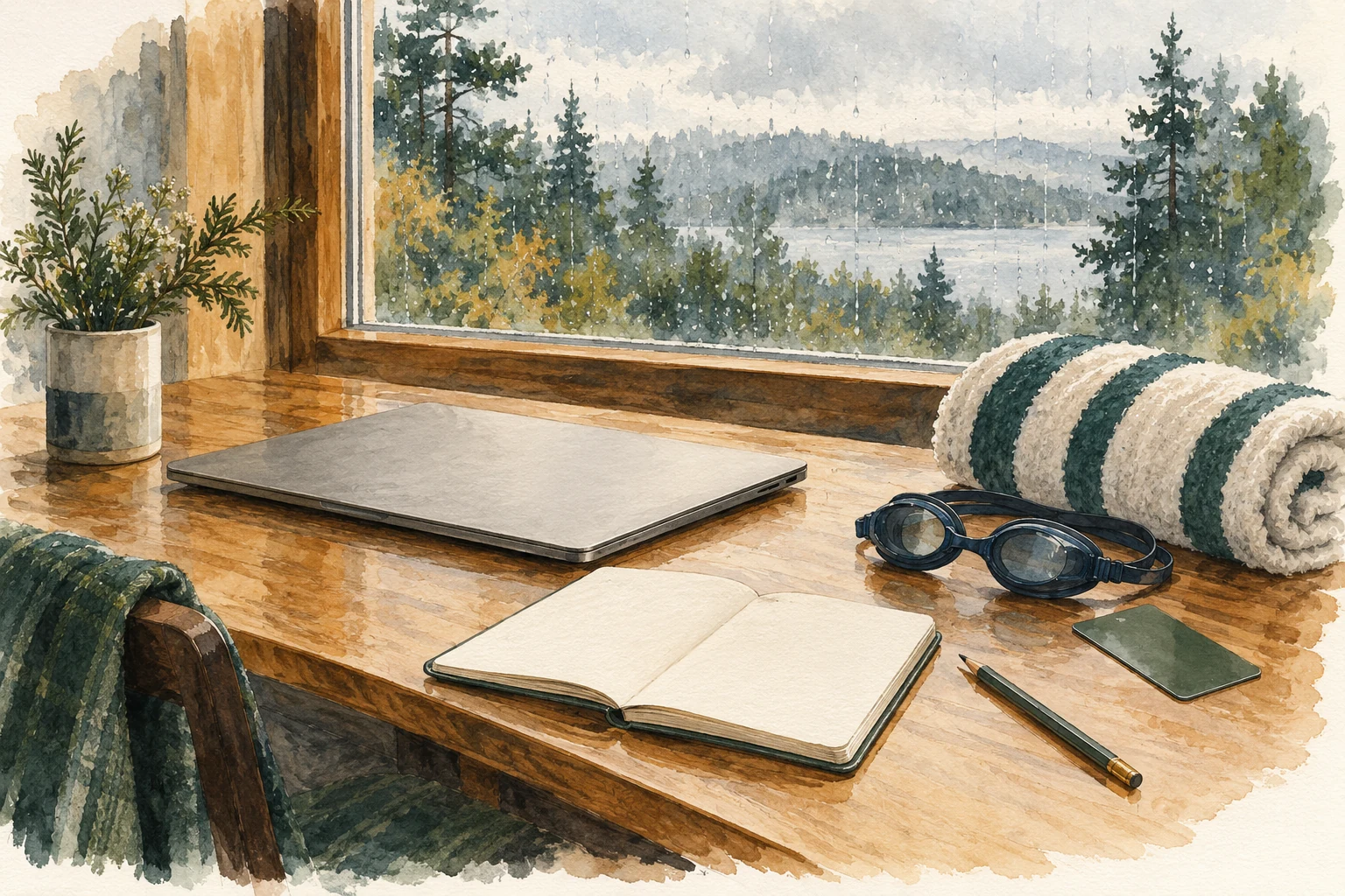 Original watercolor of a planning notebook, closed laptop, pool towel, goggles and a key card by a rainy window.