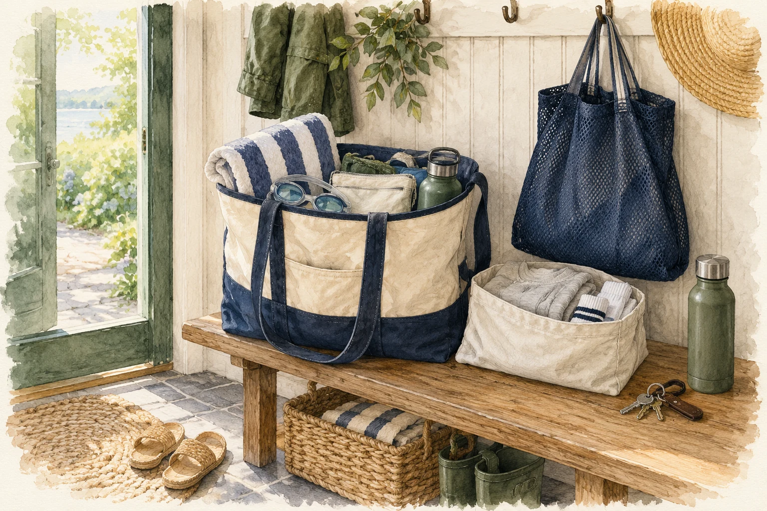 Original watercolor of an open swim tote on a wooden bench, with towel, goggles, separate dry clothes and a wet-return bag.