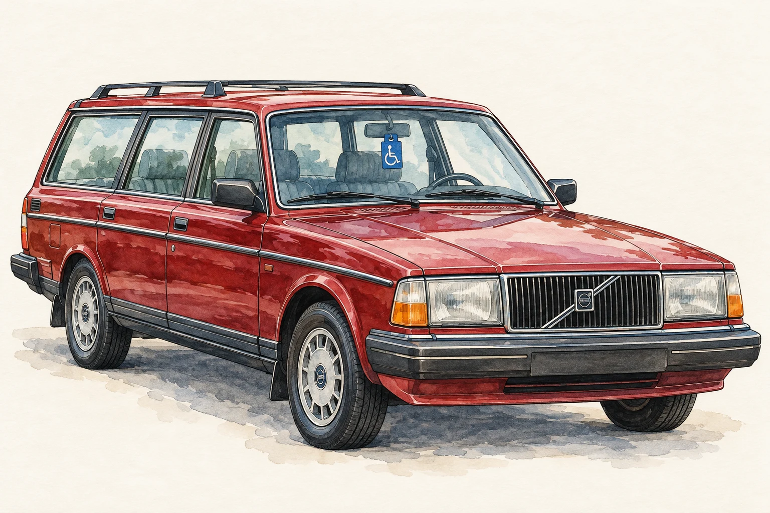 Original watercolor illustration of a parked red Volvo wagon with a blue accessible-parking placard hanging inside.