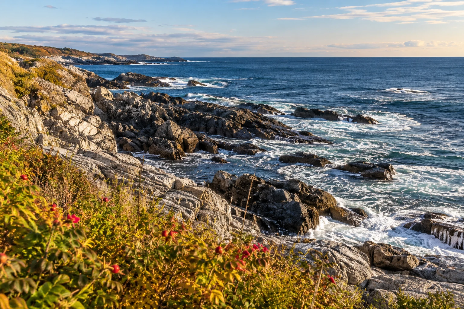 Editorial illustration of a rocky New England shoreline with deep-blue water and autumn coastal grasses.