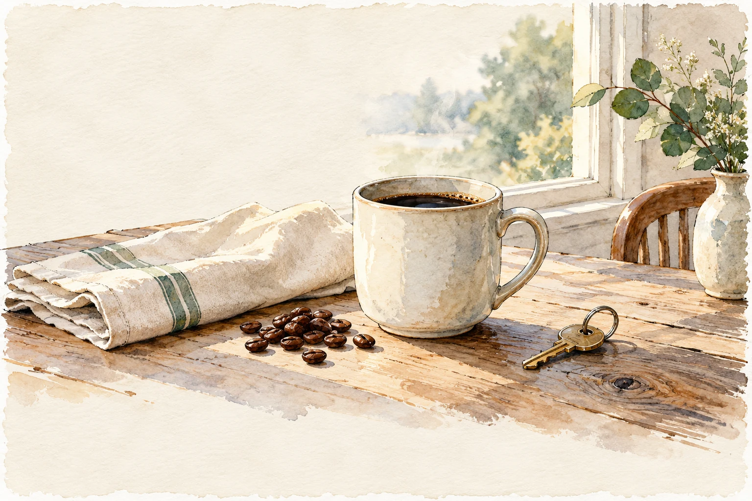 Decorative coffee, linen and keys still life; not an exact product photograph.