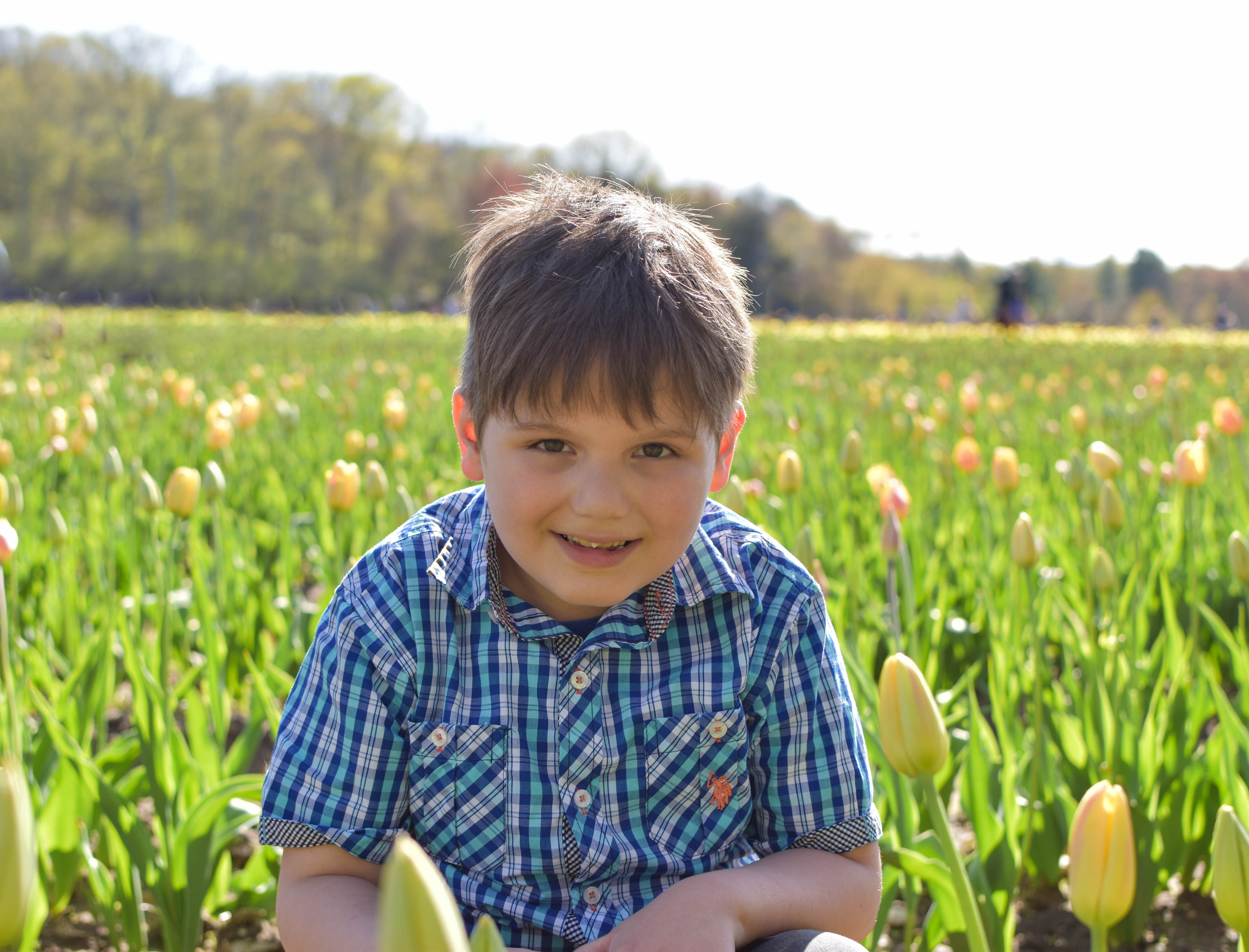 A young family member smiling among yellow tulips at Wicked Tulips.