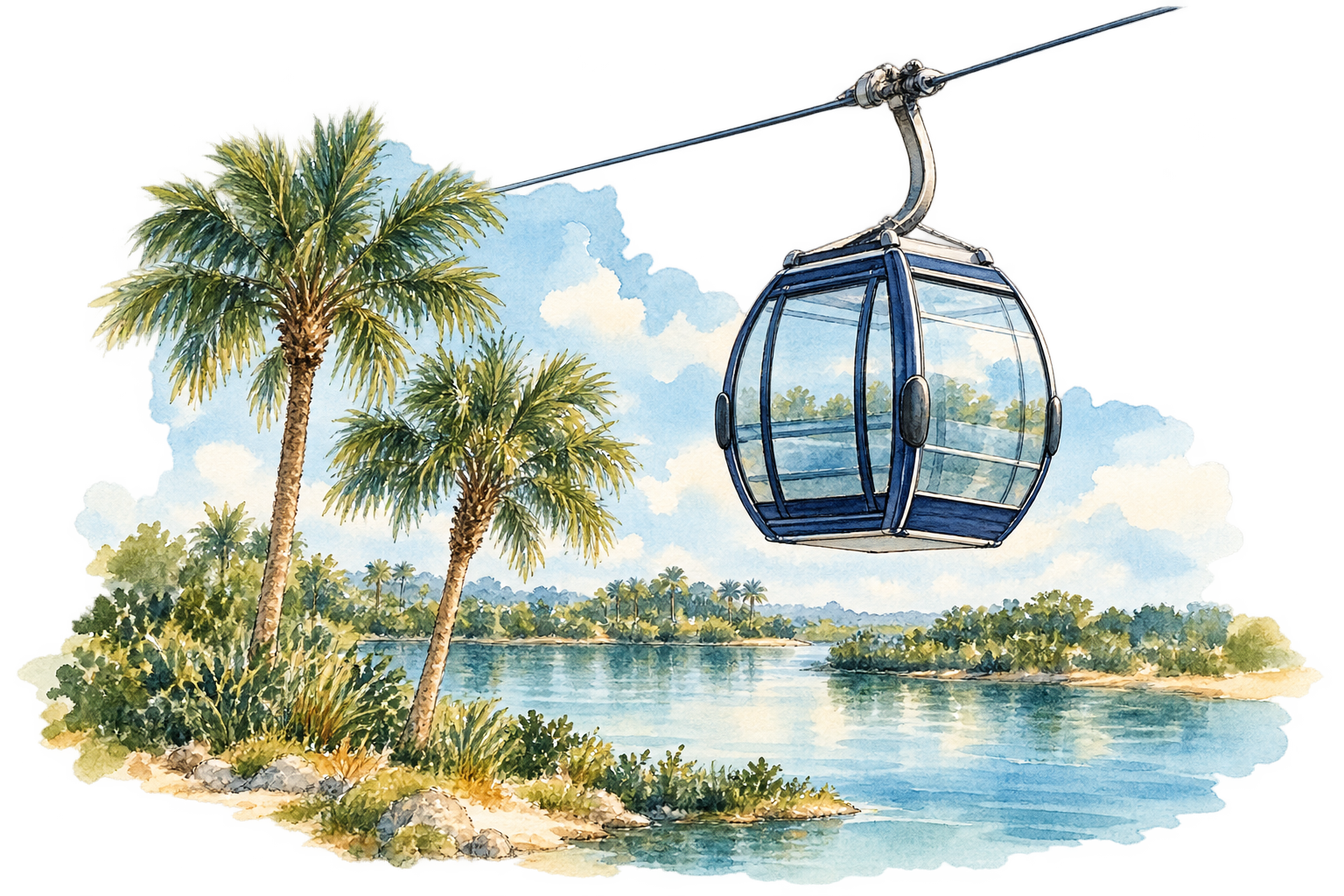 An original ink-and-watercolor illustration of a gondola above a lagoon and palms; an illustrative scene, not a route map.
