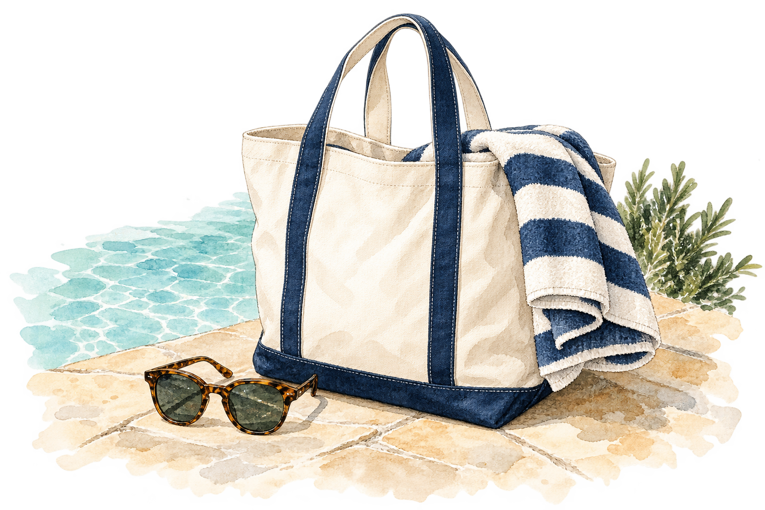 An original ink-and-watercolor sketch of a cream travel tote, striped pool towel, and sunglasses.