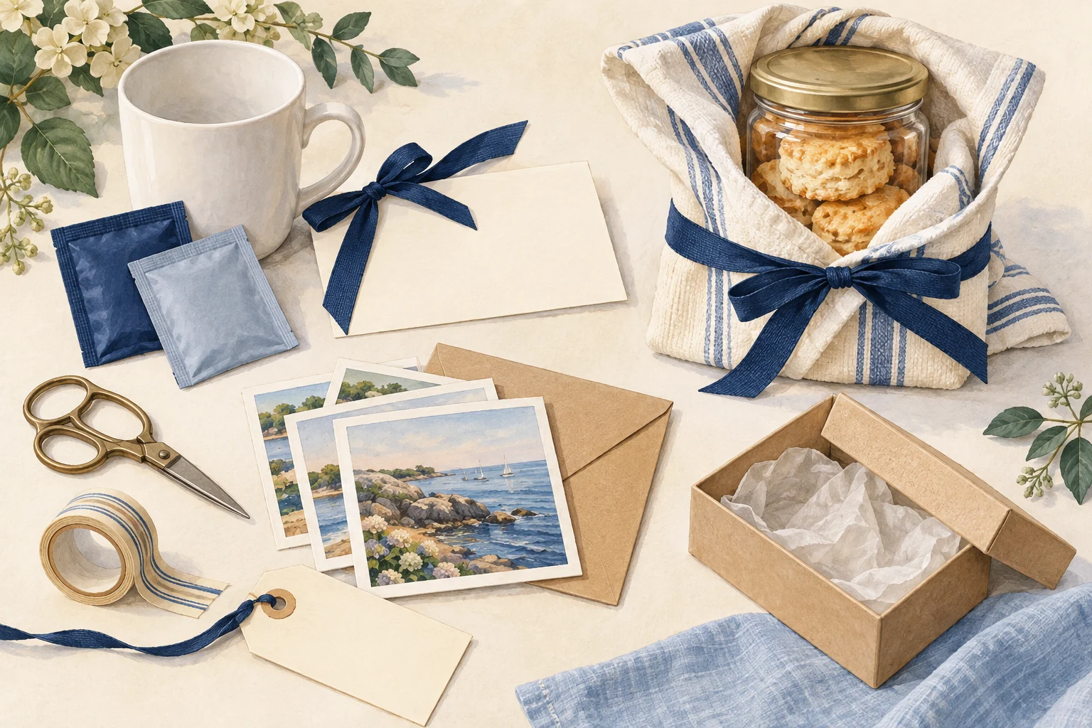 Illustration of a mug, tea, a blank card, ribbon, landscape prints and wrapping supplies.
