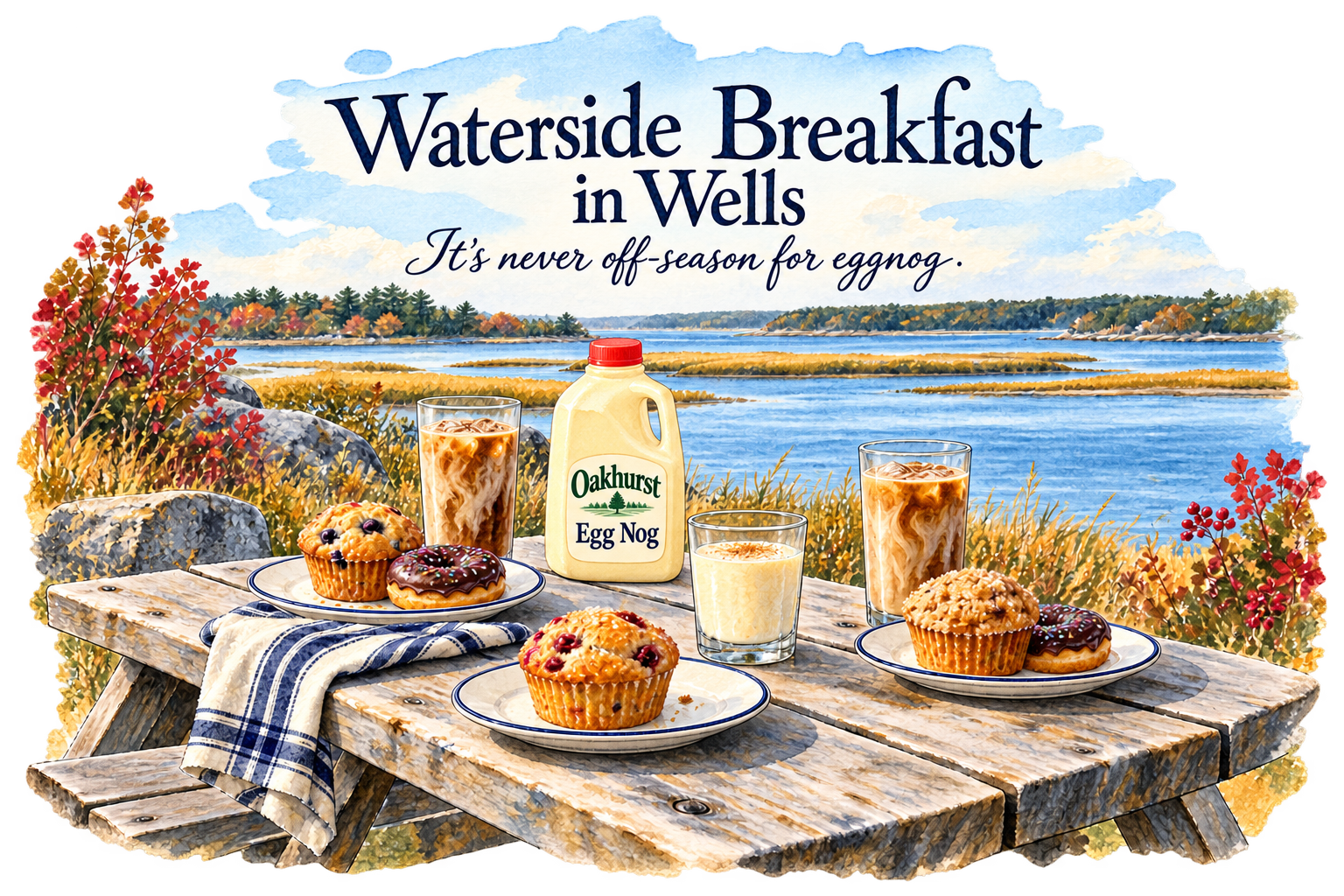 Watercolor illustration titled Waterside Breakfast in Wells, with the line It’s never off-season for eggnog. A wooden picnic table holds three plates of muffins and chocolate-frosted donuts, two eggnog cold brews, a glass of plain eggnog and an Oakhurst Egg Nog jug beside quiet coastal water and autumn grasses.