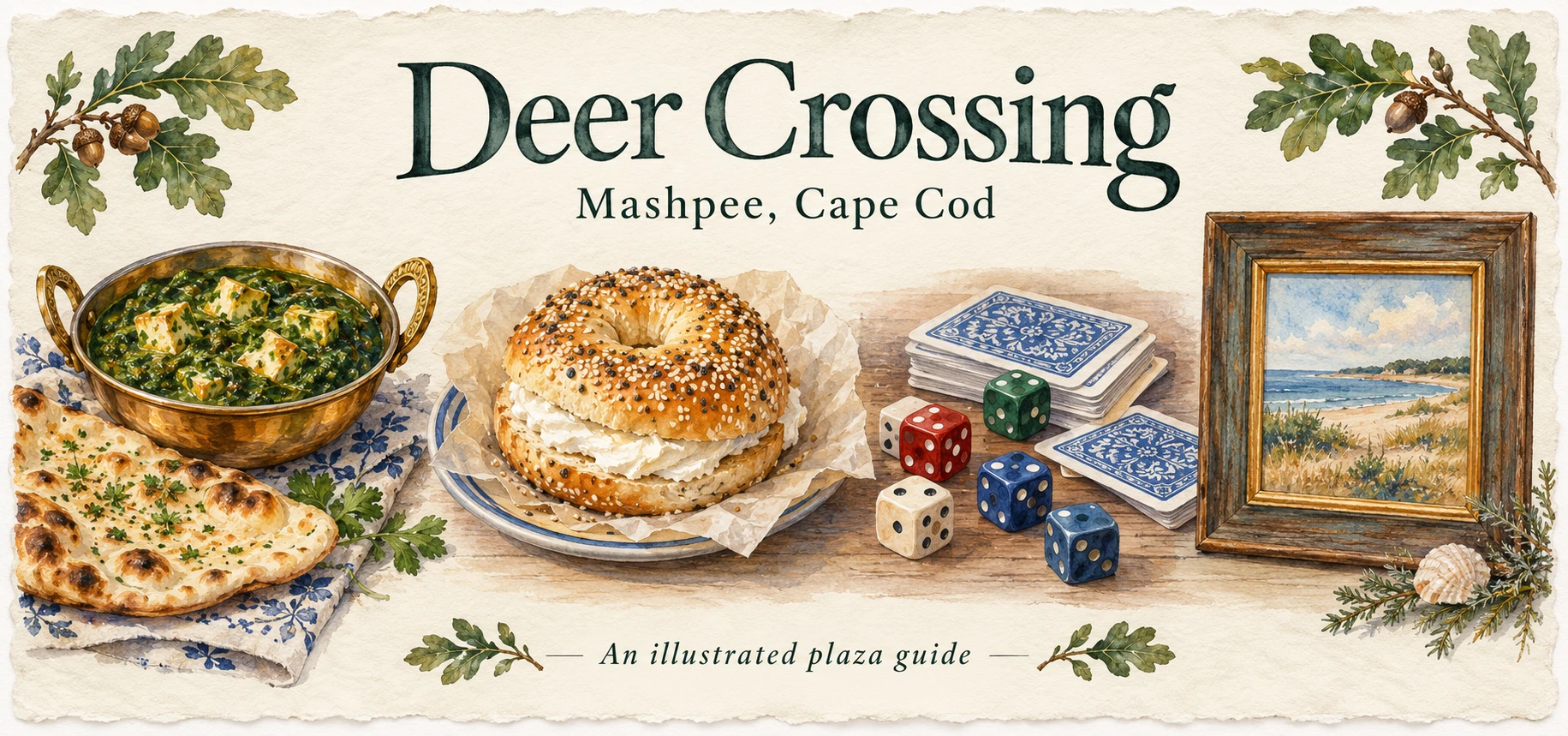 Ink-and-watercolor illustration of curry and naan, a bagel, tabletop dice and cards, and a framed coastal painting, headed Deer Crossing, Mashpee, Cape Cod.