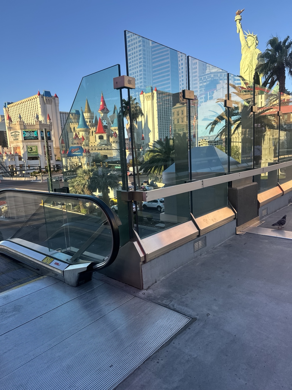 A pigeon on a Las Vegas skybridge beside an escalator, with glass reflecting hotel towers, colorful castle turrets, palm trees and the Statue of Liberty replica under a blue sky.