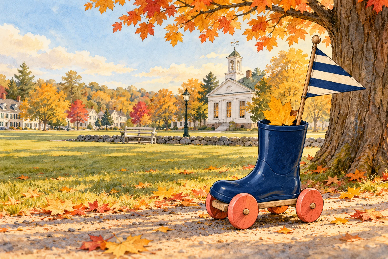An illustrated navy rain boot on coral wooden wheels waits under a golden maple tree beside a New England village green.