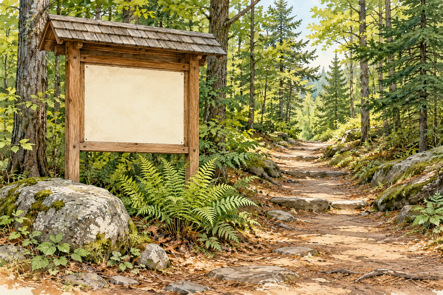 Original illustrated woodland trailhead with an information sign