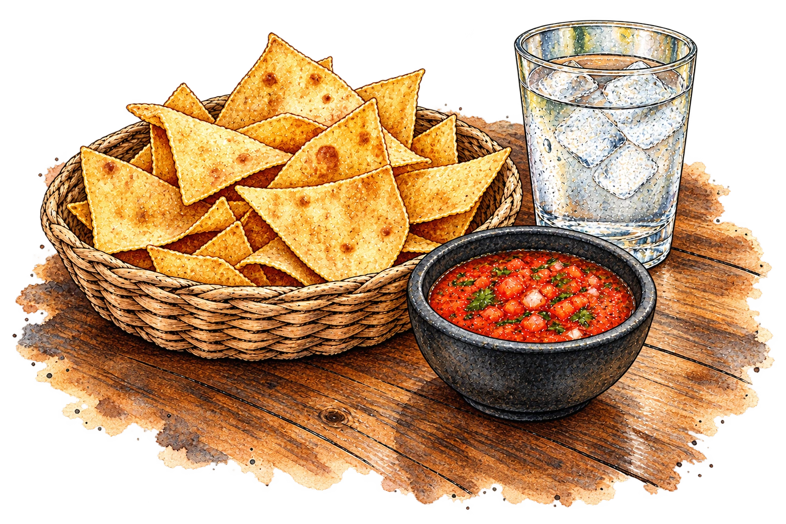 Original ink-and-watercolor still life of tortilla chips, salsa and a water glass on a wooden tabletop.