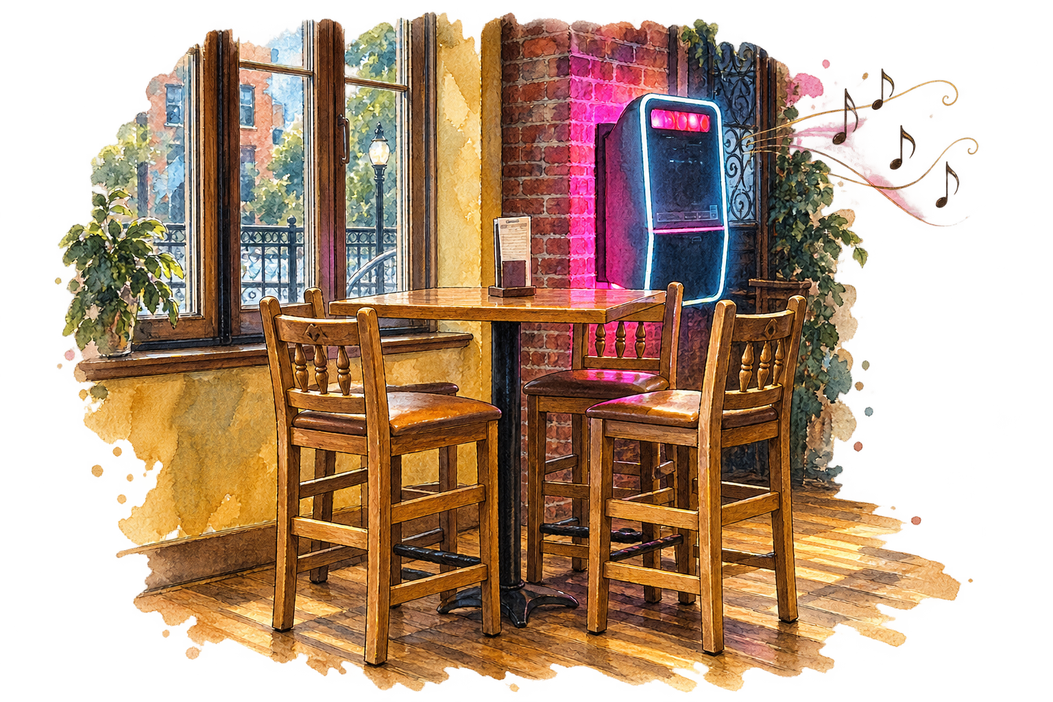 Ink-and-watercolor illustration of a glowing modern jukebox, wooden chairs and a table beside tall restaurant windows, with a few musical notes curling into the margin.