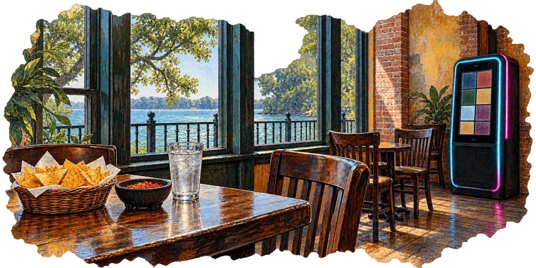 Original watercolor-and-ink restaurant study linking a window-side table, a water view and a modern jukebox, with no people.