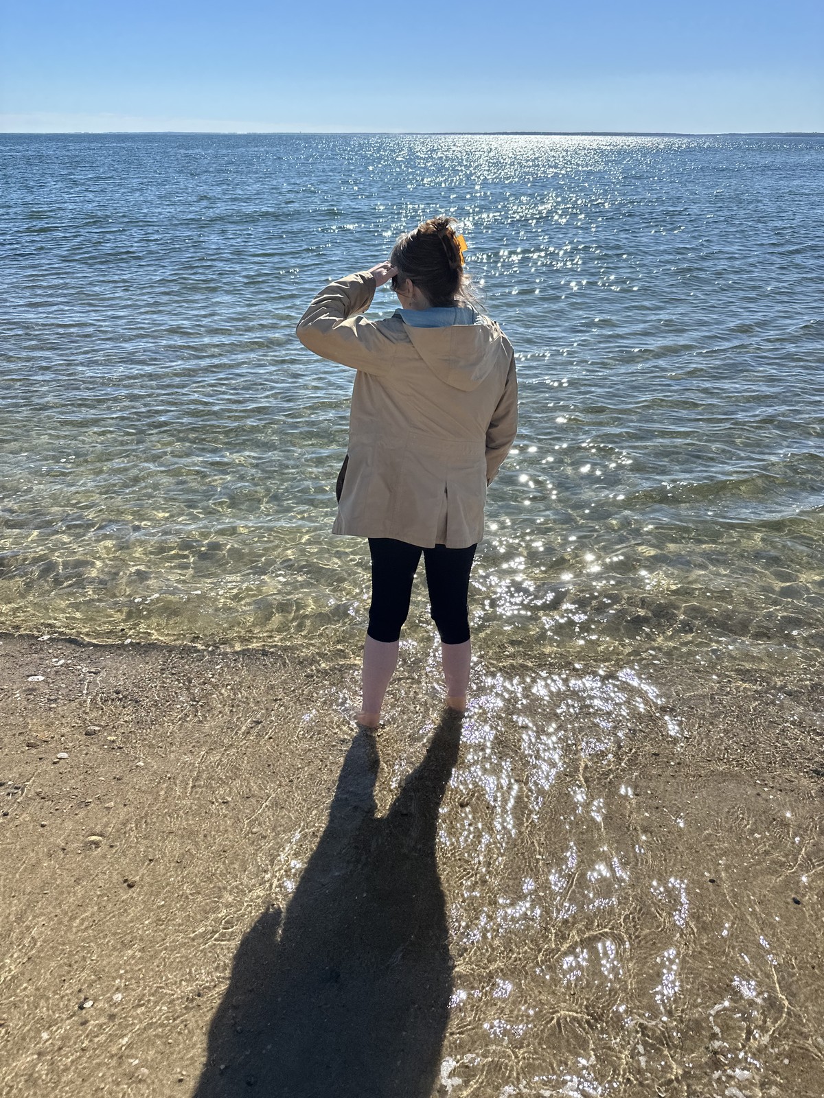 James’s mother shades her eyes with one hand and looks across the glittering water.