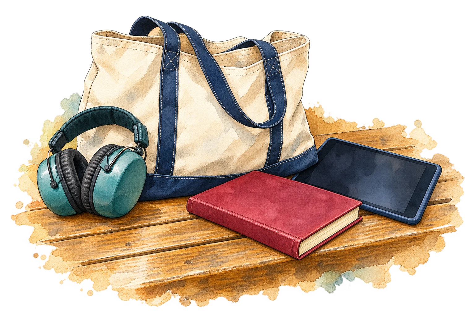 Original ink-and-watercolor illustration of a canvas tote, teal ear defenders, a tablet and a closed book on a wooden bench.