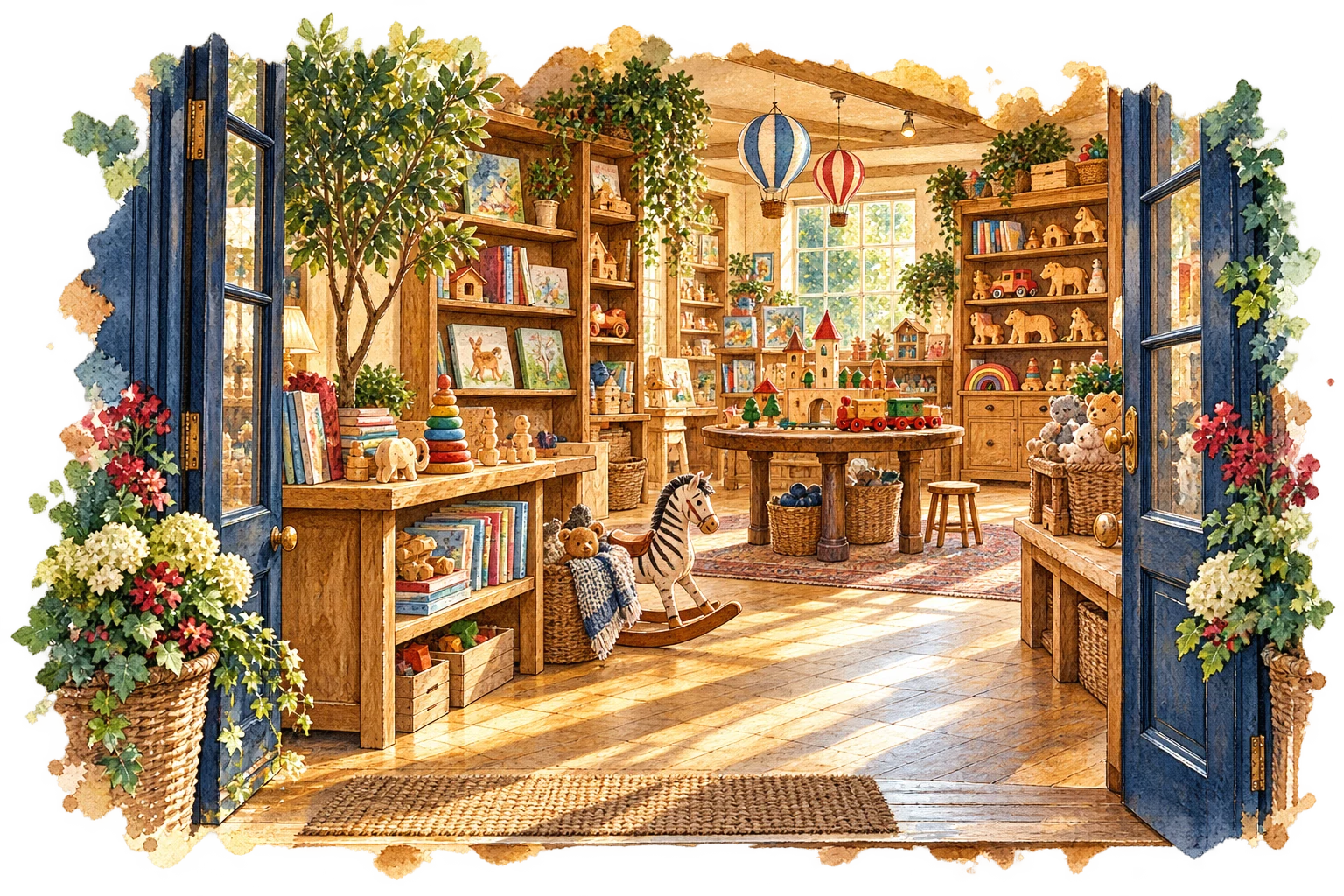 Original ink-and-watercolor illustration of an imagined toy shop: open navy doors, wooden shelves, books, a rocking zebra and hanging balloon decorations.