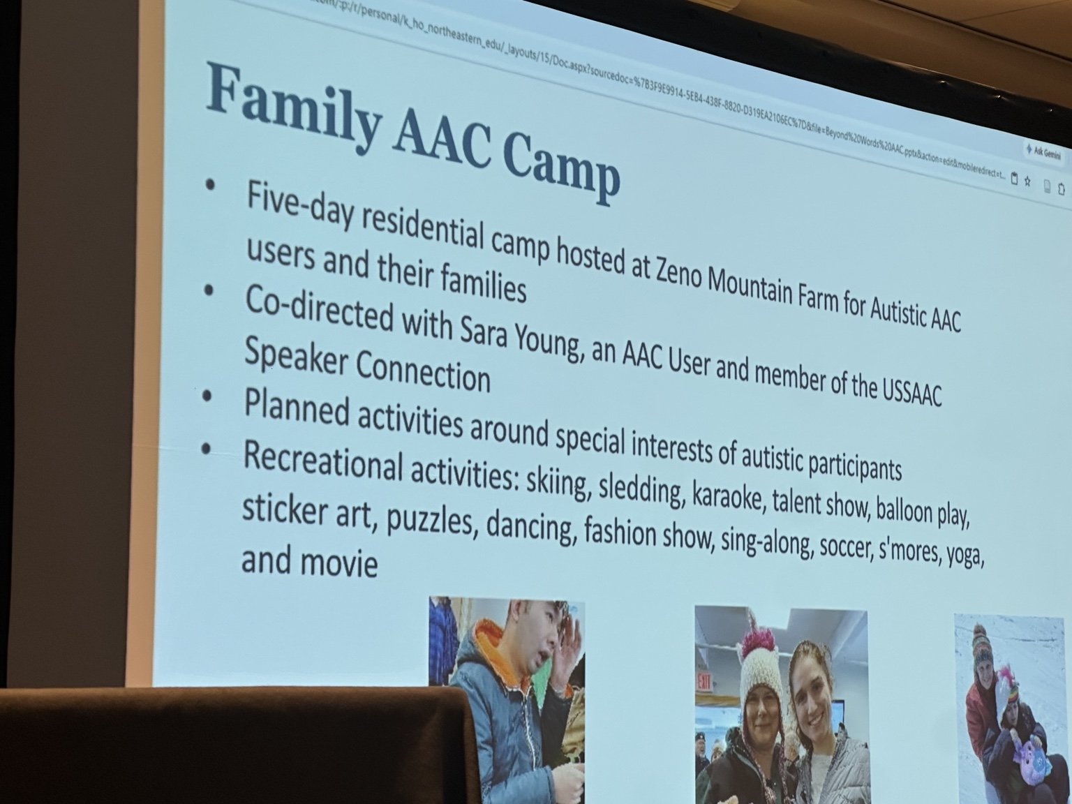 A summit slide describing a family AAC camp at Zeno Mountain Farm and recreational activities based on autistic participants’ interests.