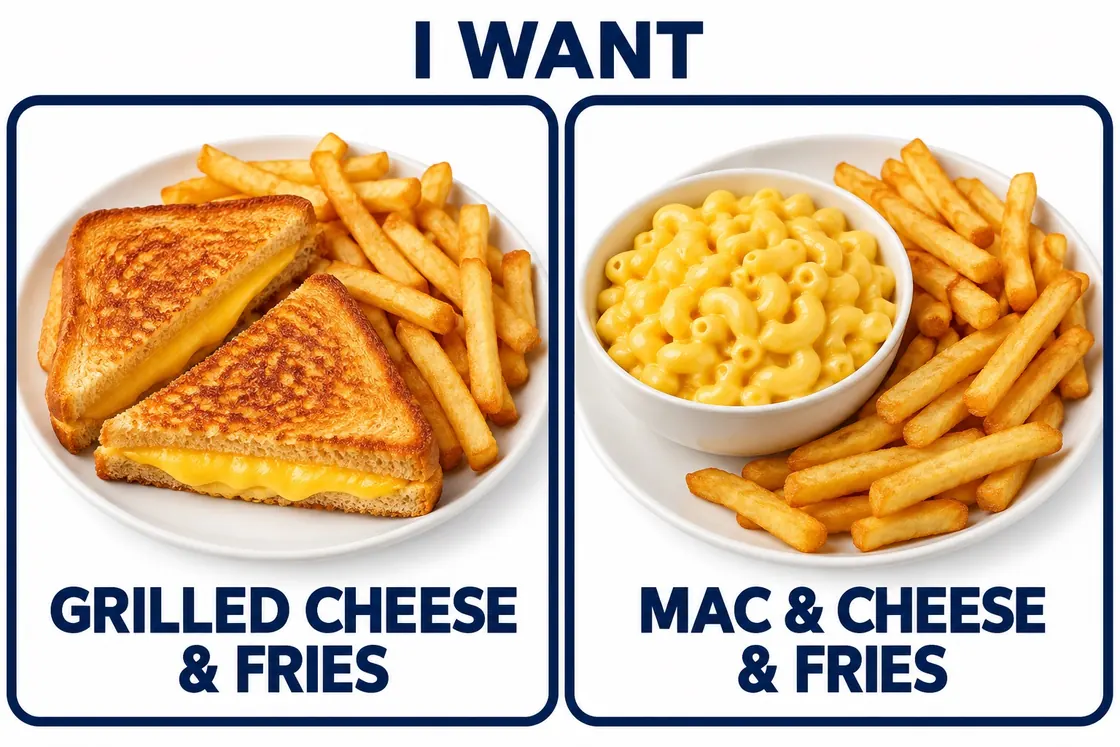 Two-choice visual communication board with grilled cheese and fries on one side and macaroni and cheese and fries on the other.