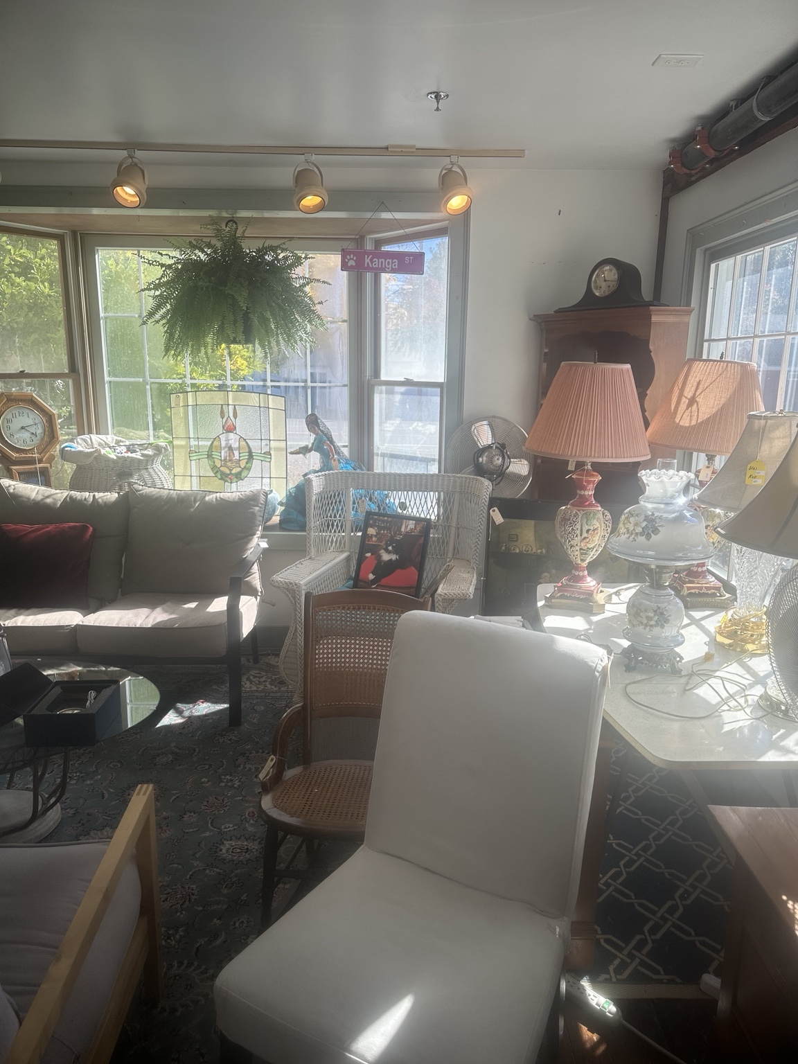 Floral and glass lamps, wicker chairs and other furniture displayed by the shop’s sunny windows.