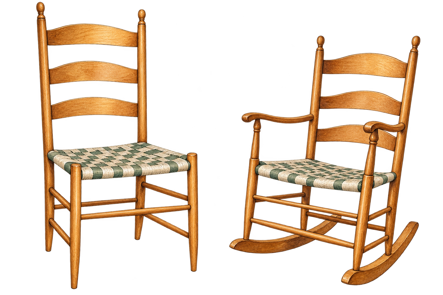 An ink-and-watercolor illustration of two wooden Shaker-style ladder-back chairs, one a rocker, with woven green and cream seats.
