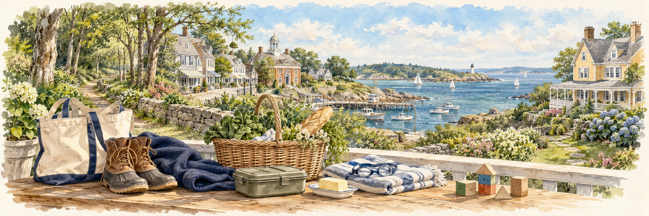 Watercolor panorama of a New England village, waterfront, family picnic and useful everyday gear—the settings and subjects An AUsome Life turns into brand stories.