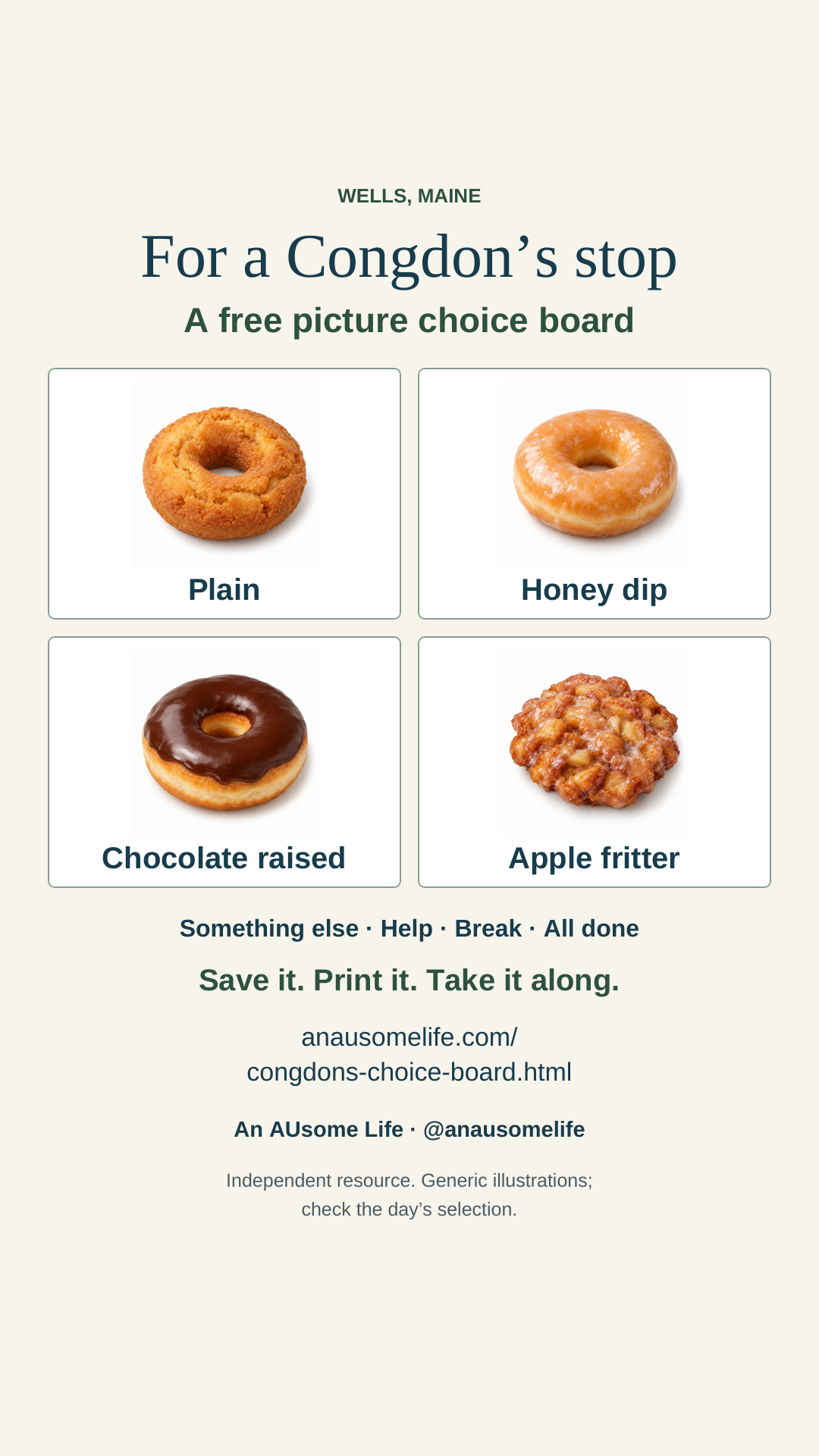 Tall Story graphic from An AUsome Life: a free picture choice board for a Congdon’s stop in Wells, Maine, with four illustrated doughnut choices and useful communication words. Save, print and take it along. An independent resource with generic illustrations; check the day’s selection.