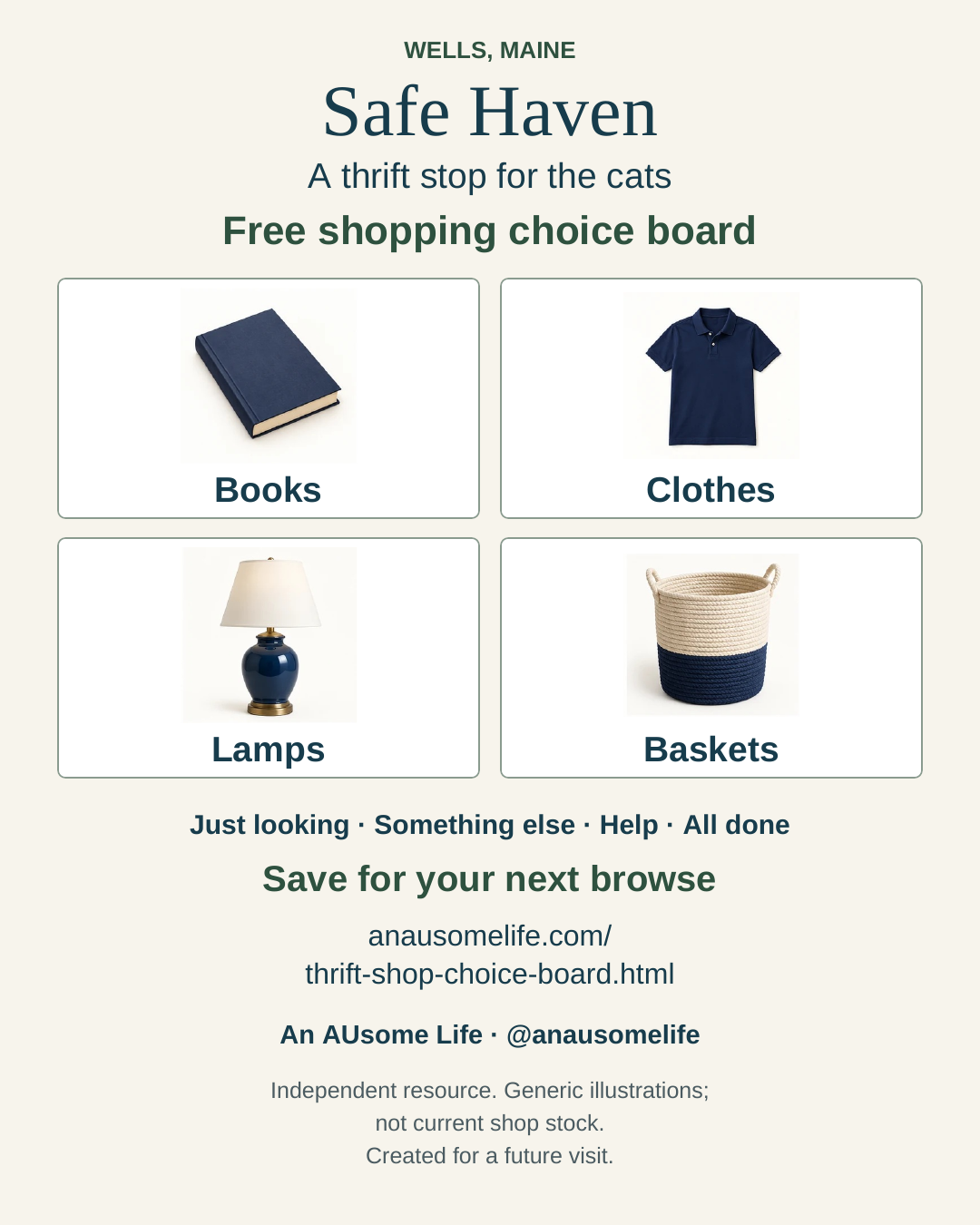 An AUsome Life graphic for a Safe Haven thrift-shop stop in Wells, Maine, offering a free shopping choice board with generic Books, Clothes, Lamps and Baskets illustrations.