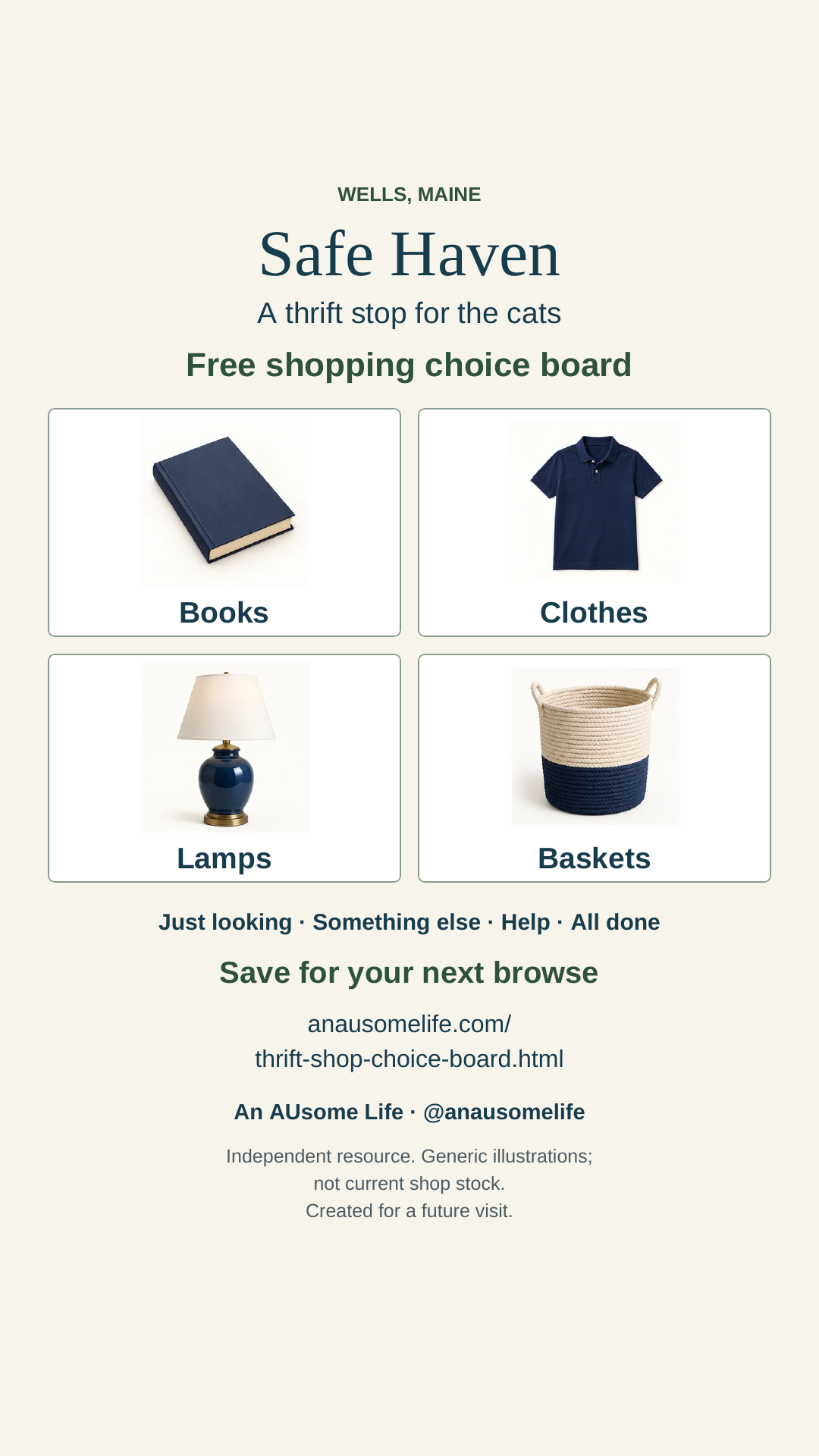 Tall An AUsome Life graphic for Safe Haven in Wells, Maine, with four generic shopping choices and a link to the free independent shopping choice board.