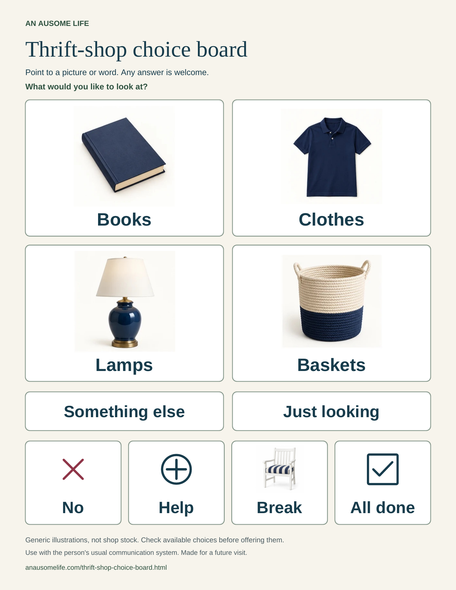 Preview of a printable shopping choice board with Books, Clothes, Lamps, Baskets and six useful communication choices.